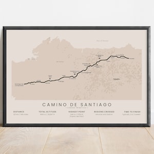 Sentier de randonnée Camino Primitivo Impression | Carte de randonnée du Camino de Santiago | Art mural Chemin de Saint-Jacques-de-Compostelle | Poster d'Oviedo à Saint-Jacques-de-Compostelle