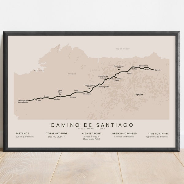 Camino Primitivo wandelpad afdrukken | Camino de Santiago-trekkingkaart | Weg van St James kunst aan de muur | Oviedo naar Santiago de Compostela-poster