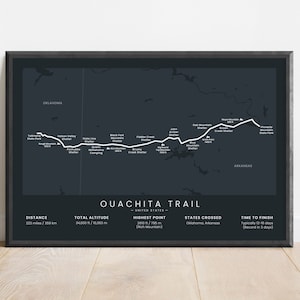 Affiche de carte du sentier Ouachita | Impression de randonnée dans les montagnes d'Ouachita | Art mural du parc d'État de Talimena à Pinnacle Mountain | De l'Oklahoma à l'Arkansas