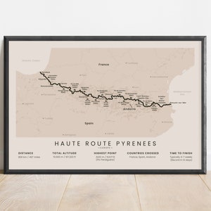 Afdrukken Haute Route Pyreneeën | HRP-routekaart lange afstand | Wandelposter pyeneeën | Wandelkunst aan de muur Spanje en Frankrijk | Liefhebbers van trektochten