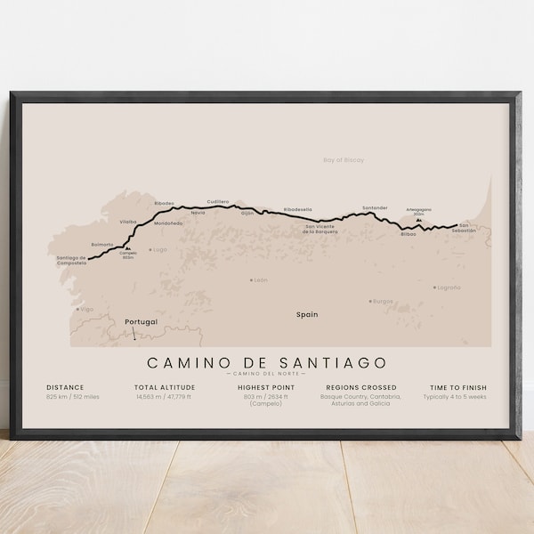 Camino del Norte Trail Print / Camino de Santiago Mapa Arte de la pared / Camino de Santiago Senderismo Mapa Cartel / Decoración de peregrinación de España / Regalo de senderismo