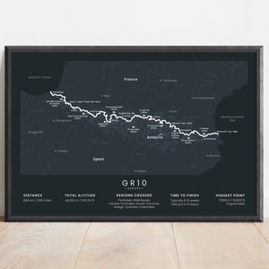 Sentier GR10 Imprimer | Carte de la randonnée GR10 des Pyrénées françaises | Art mural de sentier de randonnée longue distance européen | Traversée des Pyrénées | Cadeau randonnée
