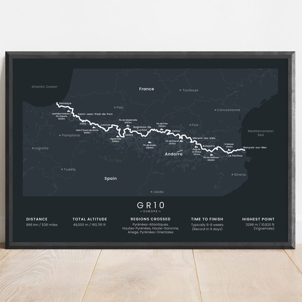 Impression du sentier GR10 | Carte de randonnée GR10 des Pyrénées françaises | Sentier de randonnée longue distance européen Wall Art | Traversée des Pyrénées | Cadeau de randonnée