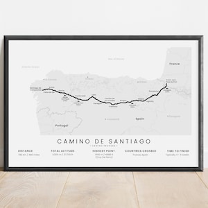 Camino Frances Trail Print | Camino De Santiago Map | Way of St James Wall Art | Spain Pyrenees Europe Hiking Trail Poster | Hikers Gift