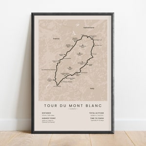 Tour Du Mont Blanc Print | TMB Hiking Map | Mount Blanc Wall Art | French Alps Trekking Decor | European Hiking Trail Poster | Hiking Gift