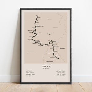 Sentier GR57 Imprimer | Carte du GR57 | affiche de piste de randonnée longue distance en Belgique | Art mural sentier pédestre luxembourgeois | Cadeau randonneur