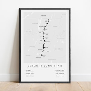 Impresión del Long Trail de Vermont / Mapa de la ruta de senderismo Long Trail / Arte mural de senderismo en las Montañas Verdes de EE. UU. / Decoración para la caminata al Monte Mansfield de EE. UU. / Regalo de senderismo