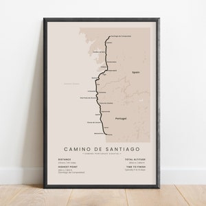 Camino Portugues Coastal Print | Camino de Santiago Hiking Trail Map | Porto to Santiago de Compostela Walking Path Poster | Hikers Gift