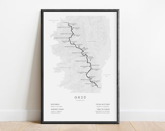 GR20 Trek Print | GR20 Corsica Hiking Trail Wall Art | Monte Cinto Hike Map | Europe Long Distance Trekking Poster | Outdoors Gift