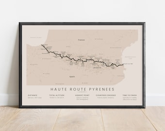 Haute Route Pyrenees Trail Print | HRP Long-Distance Path Map | Pyenees Hiking Poster | Spain and France Hiking Wall Art | Trekking Lovers