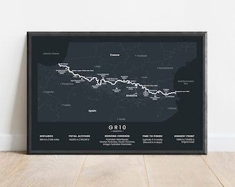 Impresión del sendero GR10 / Mapa de rutas de senderismo GR10 de los Pirineos franceses / Arte mural de rutas de senderismo de larga distancia europeas / Mapa del Camino de los Pirineos / Regalo de senderismo
