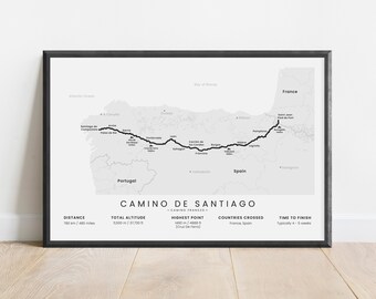 Camino Frances Trail Print | Camino De Santiago Map | Way of St James Wall Art | Spain Pyrenees Europe Hiking Trail Poster | Hikers Gift