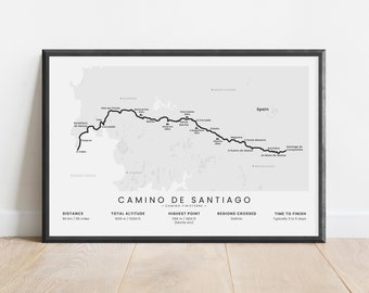 Camino Finisterre Hiking Trail Print | Camino de Santiago Walking Path Map | Way of St James Poster | Santiago de Compostela to Finisterra