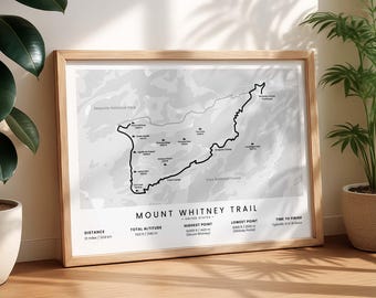 Mount Whitney Trail Print | Mt Whitney Hike Map | Whitney Portal to Summit Poster | Sierra Nevada Hiking Trail Wall Art | Trekking Gift