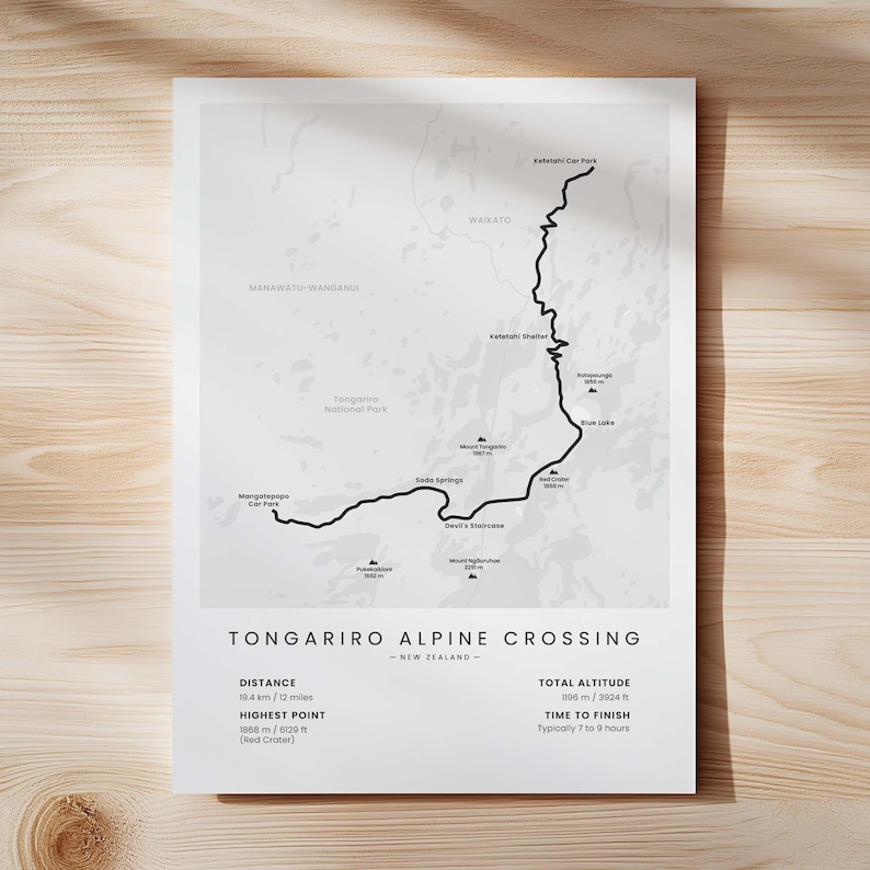Tongariro Alpine Crossing-print | Kaart wandelpad Nationaal park Tongariro | Poster wandelpad Noordereiland Nieuw-Zeeland | Muurkunst wandelen White - Standard