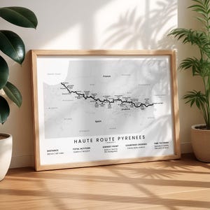 Sentier des Pyrénées de la Haute Route Imprimer | Carte des trajets longue distance HRP | affiche de randonnée dans les Pyrénées | Décoration murale randonnée en Espagne et en France | Amateurs de randonnée