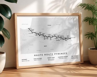 Sentier des Pyrénées de la Haute Route Imprimer | Carte des trajets longue distance HRP | affiche de randonnée dans les Pyrénées | Décoration murale randonnée en Espagne et en France | Amateurs de randonnée