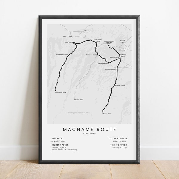 Machame Route Map Print | Mount Kilimanjaro Trekking Poster | Whiskey Route Mt Kilimanjaro Hiking Wall Art | Africa Trekking Map Poster