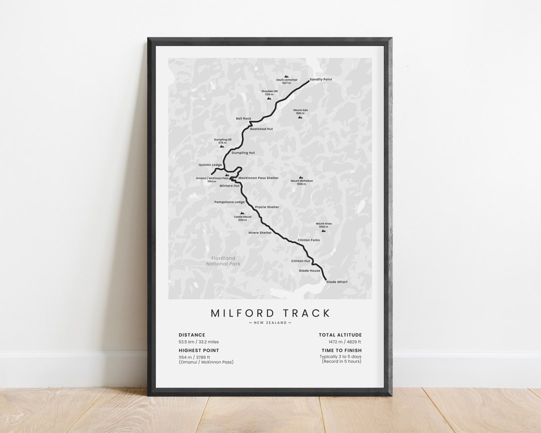 Milford Track Print South Island New Zealand Trekking Path Map