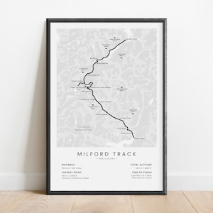 Milford Track Print | Fiordland National Park Hiking Trail Poster | South Island New Zealand Trekking Path Map | Trekking Gift