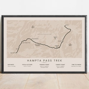 Impresión de mapa de trekking del Paso Hampta / Póster de senderismo en el Himalaya / Decoración de trekking en la India / Regalo para exteriores / Regalo de senderismo / Arte mural minimalista