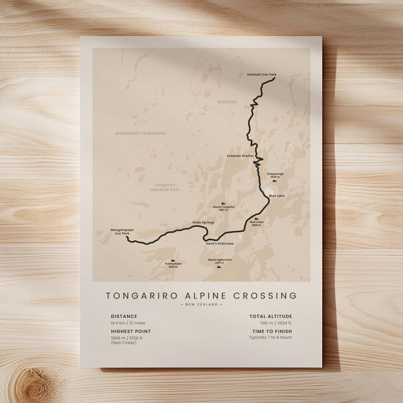 Tongariro Alpine Crossing-print | Kaart wandelpad Nationaal park Tongariro | Poster wandelpad Noordereiland Nieuw-Zeeland | Muurkunst wandelen Beige - Standard