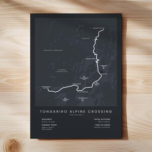 Tongariro Alpine Crossing-print | Kaart wandelpad Nationaal park Tongariro | Poster wandelpad Noordereiland Nieuw-Zeeland | Muurkunst wandelen Black - Standard