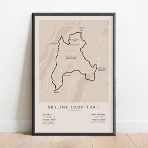 Impression de sentier en boucle de la ligne d'horizon | Carte des sentiers de randonnée du parc national du Mont Rainier | Affiche de sentier pédestre du paradis de Washington | Cadeau sentier de randonnée américain