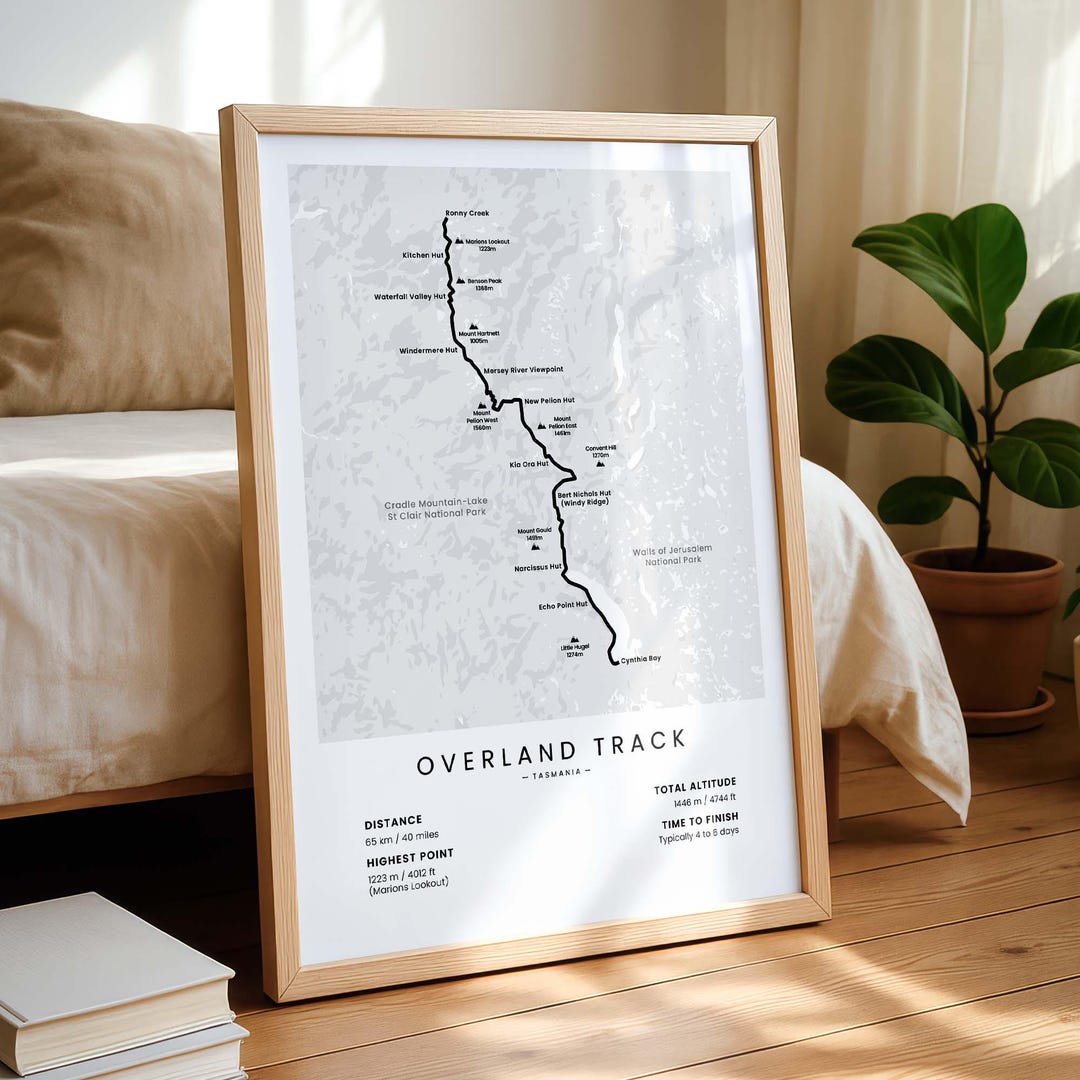 Overland Track Map Print | Tasmania Hiking Trail Map | Cradle Mountain ...