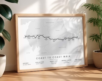Impresión de la ruta de costa a costa / Mapa de la ruta de costa a costa de Wainwright / Póster de la ruta de senderismo de larga distancia de Inglaterra / Arte mural de senderismo de larga distancia del Reino Unido