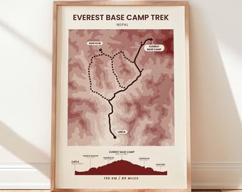 Everest Base Camp Trek Map | EBC Elevation Map | Mount Everest Wall Art | Himalayas Poster Print | Nepal Hiking Trail | Outdoors Lover Gift