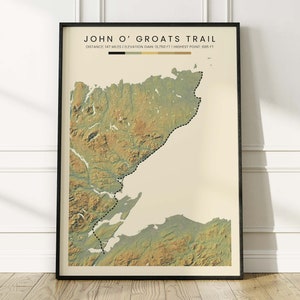 John O' Groats-poster topografische kaart van trail | John O'Groats-wandeling Hoogtecontourkaart | Trekprint Schotse Hooglanden | Cadeau voor wandelaars
