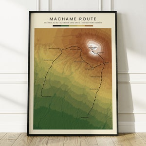 Carte topographique de l'itinéraire Machame Poster | Carte des contours de la Whisky Route | Impression sur le sentier de randonnée du mont Kilimandjaro | Cadeau de randonnée en Tanzanie