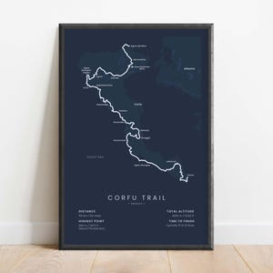 Impression du sentier de Corfou | Art mural randonnée sur l'île de Corfou | Carte de la randonnée sur l'île de Kerkyra | Affiche de trekking longue distance en Grèce | Cadeau randonnée