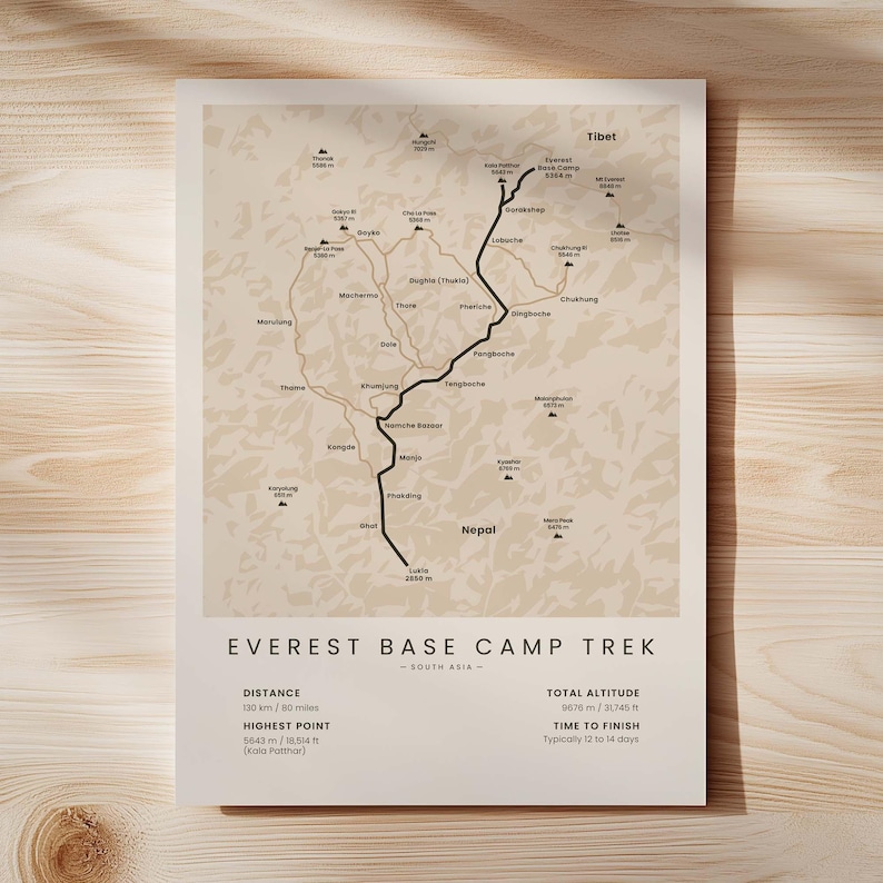 Stampa trekking al campo base dell'Everest / Arte murale per escursioni sul Monte Everest / Mappa del percorso EBC / Decorazione trekking in Nepal / Poster trekking sull'Himalaya / Regalo per escursioni Beige - Standard