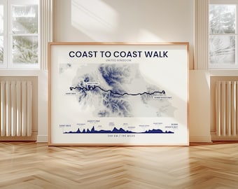 Coast to Coast Walk Map | C2C Walk Poster | Wainwright's Trail Print | Irish Sea to North Sea | England Hiking Path | Hiking Lovers Gift
