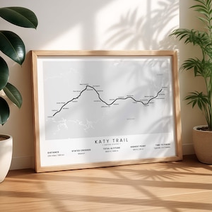 Katy Trail Map Print | MKT Rail Trail Poster | Clinton to Machens Hiking Trail Gift | MKT Railway Map | Missouri Wall Art | Hiking Gift