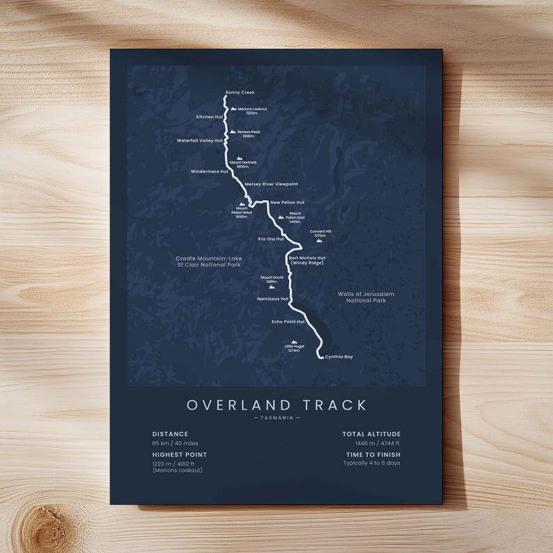 Overland Track Map Print | Tasmania Hiking Trail Map | Cradle Mountain ...