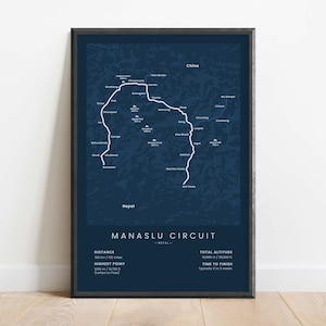 Print Manaslu Circuit Trek | Trekkaart Tsum Valley Side | Mu Gompa-wandelpad | Mt Manaslu | Trekkingposter Nepal | Himalaya-wandelcadeau