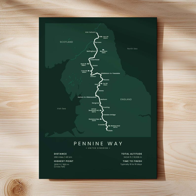 Pennine Way Print | Pennine Trail Walking Path Map Poster | England ...