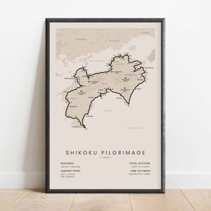 Impression de pèlerinage aux 88 temples de Shikoku | Décoration murale randonnée pèlerinage de Shikoku | Carte de l'île de Shikoku | marche au Japon | Cadeau pour les randonneurs