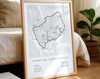 Patagonia Torres Del Paine O Trek Map Poster | Patagonia O Circuit Print | Chile Backpacking Route Map | South America Hiking Trail Wall Art