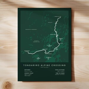 Tongariro Alpine Crossing-print | Kaart wandelpad Nationaal park Tongariro | Poster wandelpad Noordereiland Nieuw-Zeeland | Muurkunst wandelen Green - Standard