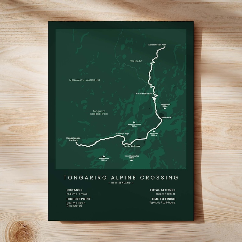 Tongariro Alpine Crossing-print | Kaart wandelpad Nationaal park Tongariro | Poster wandelpad Noordereiland Nieuw-Zeeland | Muurkunst wandelen Green - Standard