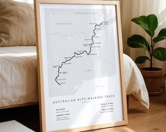Mapa de senderos de los Alpes Australianos / Póster de la ruta de senderismo AAWT / Lámina de la excursión al Monte Kosciuszko / De Walhalla a Tharwa / Regalo del Parque Nacional Alpino