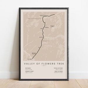 Bloemenvallei trekprint | Hemkund Sahib-trekkaart | Poster trekkingpad India | Muurkunst wandelpad Himalaya | Trekkingcadeau