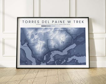 Torres Del Paine W Trek Topographic Map Poster | Patagonia W Trek Elevation Contour Map | W Circuit Hiking Trail Print | Chile Hiking Gift