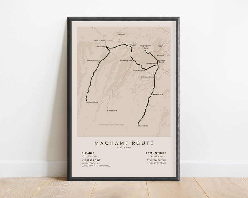 Machame Route Map Print Mount Kilimanjaro Trekking Poster Whiskey Route Mt Kilimanjaro Hiking Wall Art Africa Trekking Map Poster Beige