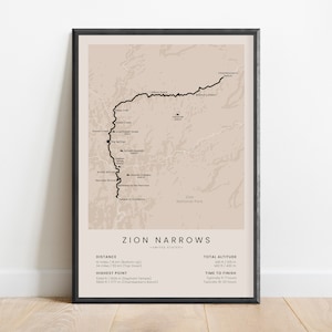 Impression de Zion Narrows | Carte des sentiers du parc national de Zion de bas en haut et de haut en bas | Utah Etats-Unis affiche de sentier de randonnée | Cadeau randonnée