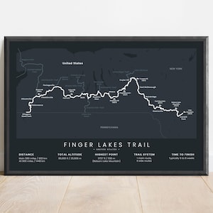 Impression de la carte du sentier Finger Lakes | Affiche de randonnée pédestre FLT | Impression sur le sentier de randonnée des Finger Lakes | Cadeau carte de New York | Art mural new-yorkais | Cadeau randonnée